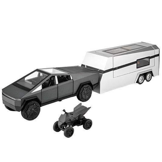 1:32 Cyber Truck with Trailer and an ATV Bike - Alloy Diecast Model Car Interactive Toy with Sound & Light Simulation Toy Car - 1/32